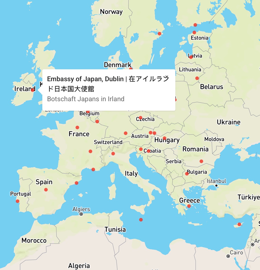 HDmaps Karte mit Japanischen Botschaften in Europa